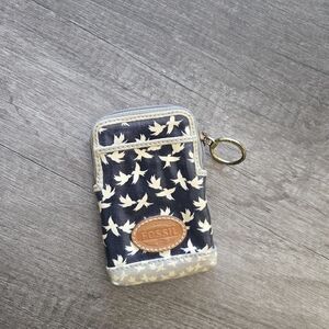 Fossil Key Per Coated Canvas Bird Print Zip Around Wallet Blue Grey Cream